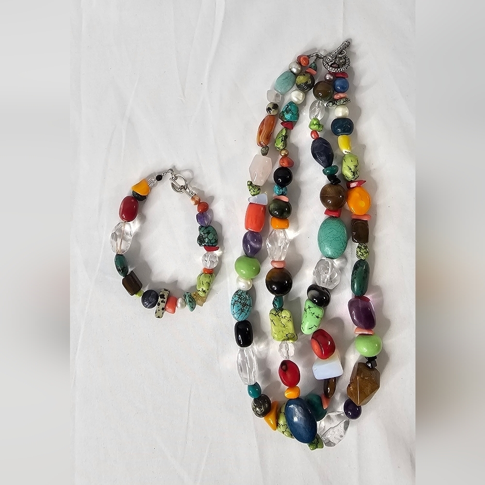 ​Chunky Multi-Gemstone Necklace & Bracelet Set Two Strand Turquoise Jasper Agate - Picture 7 of 9